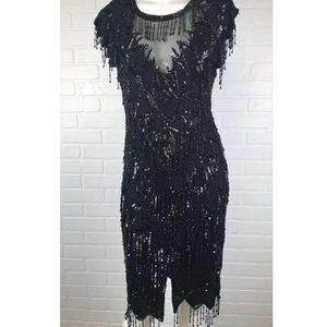 VTG SCALA Black Silk Beaded Gatsby Flapper Dress